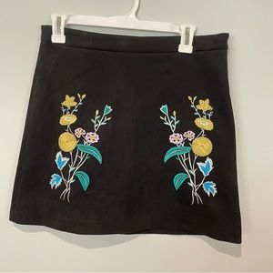 Black Suede Mexican Floral Mini Skirt 16.5 in long